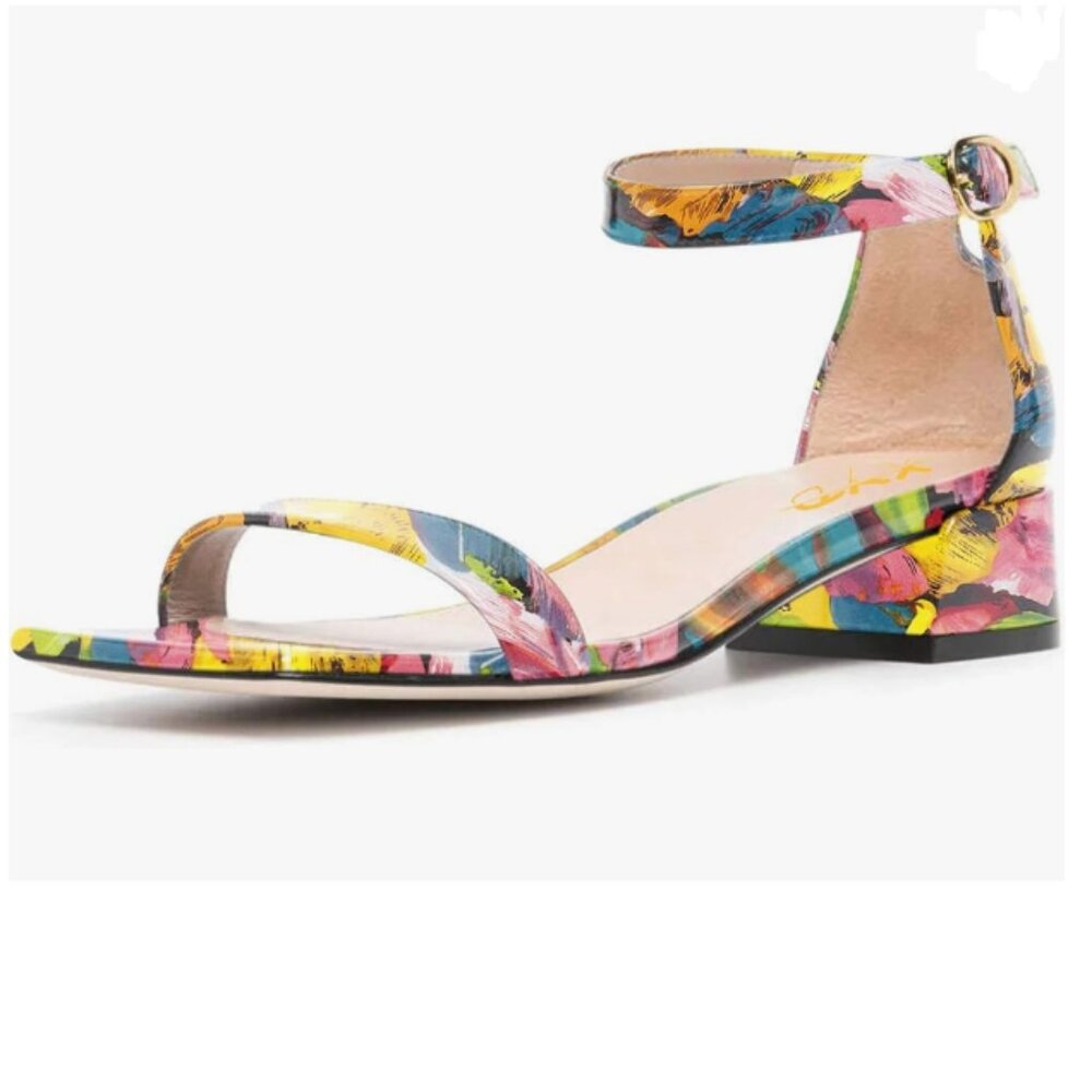 XYD Yellow Painting Open Toe Sandals Buckled Low Chunky Heel with Ankle Strap